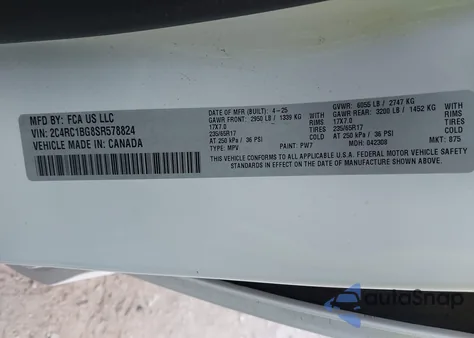 2025 Chrysler Pacifica Select z USA, uszkodzony, nr VIN 2C4RC1BG8SR578824